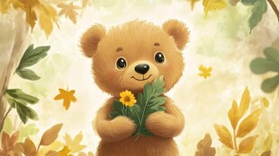 小熊捧花置身秋日森林