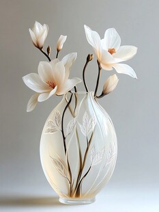 玉兰花插于透明雕花花瓶中