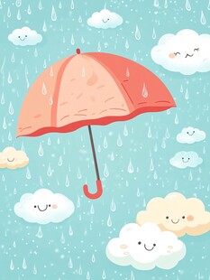 雨中撑伞的可爱云朵世界