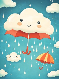 可爱云朵撑伞雨中萌景