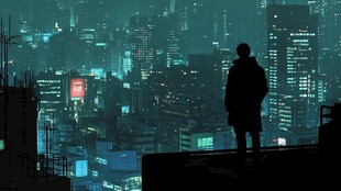 孤独身影俯瞰霓虹都市