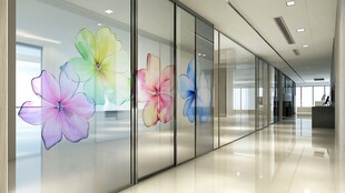 多彩花朵装饰的现代办公走廊
