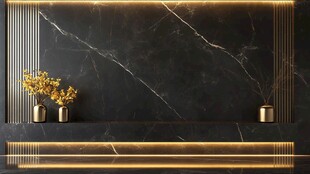 黑金石背景墙与精致摆件