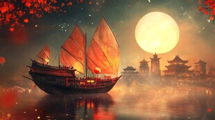 月夜古船映中式浪漫