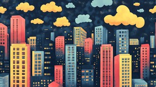 梦幻夜色中的多彩城市建筑