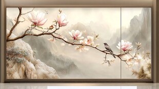 玉兰花枝双鸟中式山水图