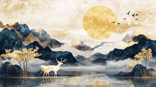 山间月夜下的灵鹿与飞鸟