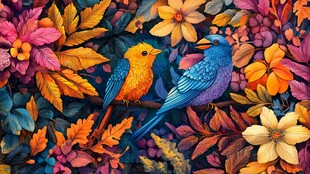 双鸟栖于缤纷花叶间