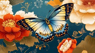 蓝底蝶舞繁花中式插画