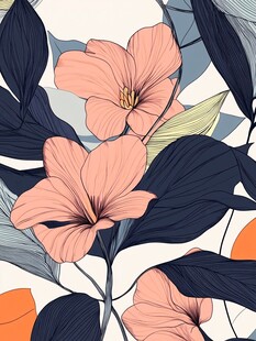 粉色花卉与深绿叶插画