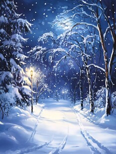 雪夜林间小路梦幻美景