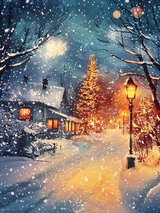 雪夜中的温馨小屋与路灯