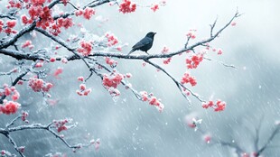 雪覆红梅上的栖息小鸟