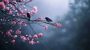 雨中繁花上的双鸟栖枝