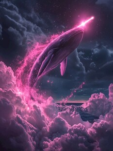 梦幻飞鲸穿梭于紫粉云海