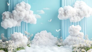 梦幻蓝白云朵花卉场景