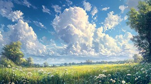 夏日绿野晴空梦幻风景图