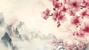 水墨桃花山水诗意美景