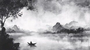 水墨山水间的孤舟静影