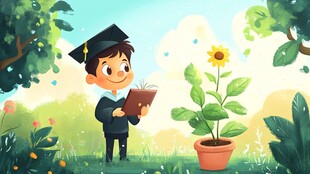 毕业少年在花园中惬意读书