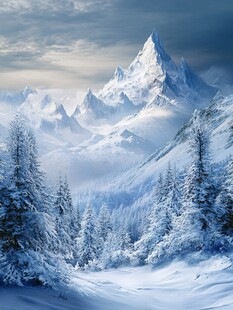 冬日雪山松林梦幻景致