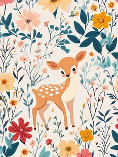 小鹿漫步花丛间