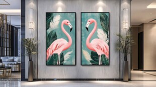 火烈鸟挂画装点现代客厅