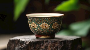 绿底金花纹中式精美茶碗