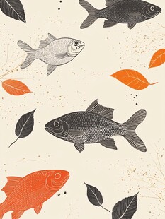 鱼与落叶的灵动插画