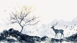 雪野孤鹿与枯树的景致