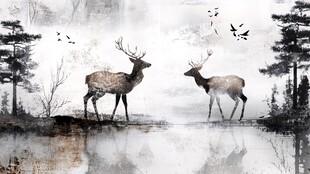 水墨风双鹿林间静谧图景