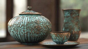 复古青釉茶具优雅摆拍