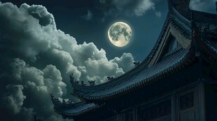 月夜古建 云雾中的神秘景致