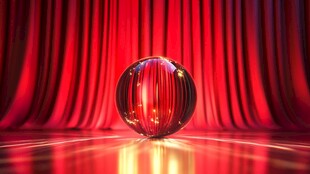 红幕前的炫彩反光球体