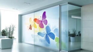 彩色蝴蝶装饰的现代玻璃墙