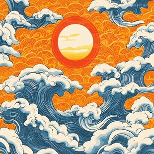 日式浮世绘风格海浪与落日