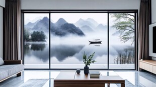 山水入户的雅致客厅空间