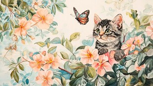 花丛中的萌猫与蝴蝶