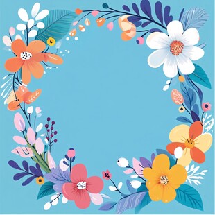 蓝色背景多彩花卉花环图