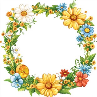 多彩花卉组成的圆形花环