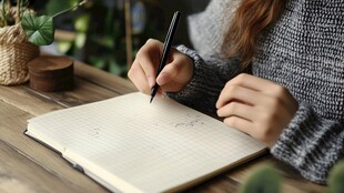 女子桌边握笔书写瞬间