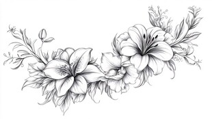 手绘百合花与枝叶装饰