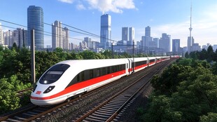 高速列车穿梭于城市与绿意间