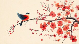 红梅枝头飞鸟图