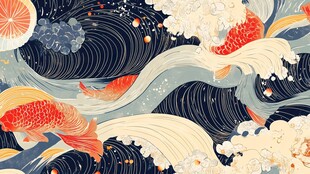 锦鲤戏浪 传统风插画