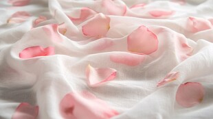 浪漫粉玫瑰花瓣散落白纱