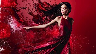 红衣女子舞动红色液体之美