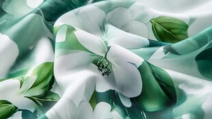 绿白花卉图案丝绸面料