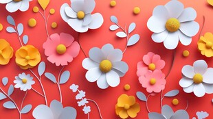 红色背景上的缤纷立体纸花