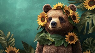 头戴向日葵的可爱棕熊